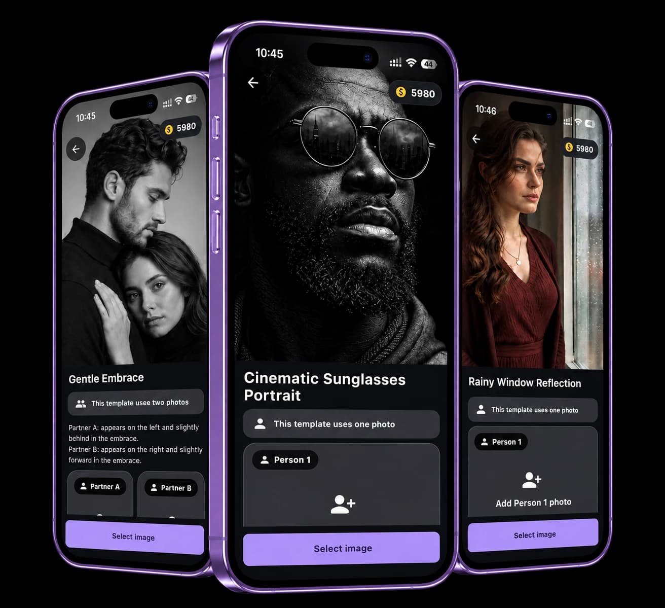 Three AI VideoX mobile app mockups showing creative templates