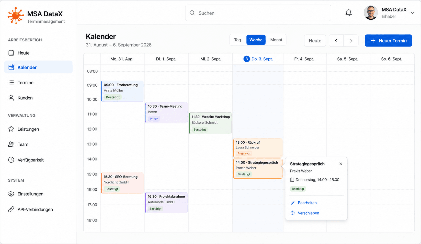 MSA DataX Kalender – Wochenansicht mit Terminen und Kundenanfragen