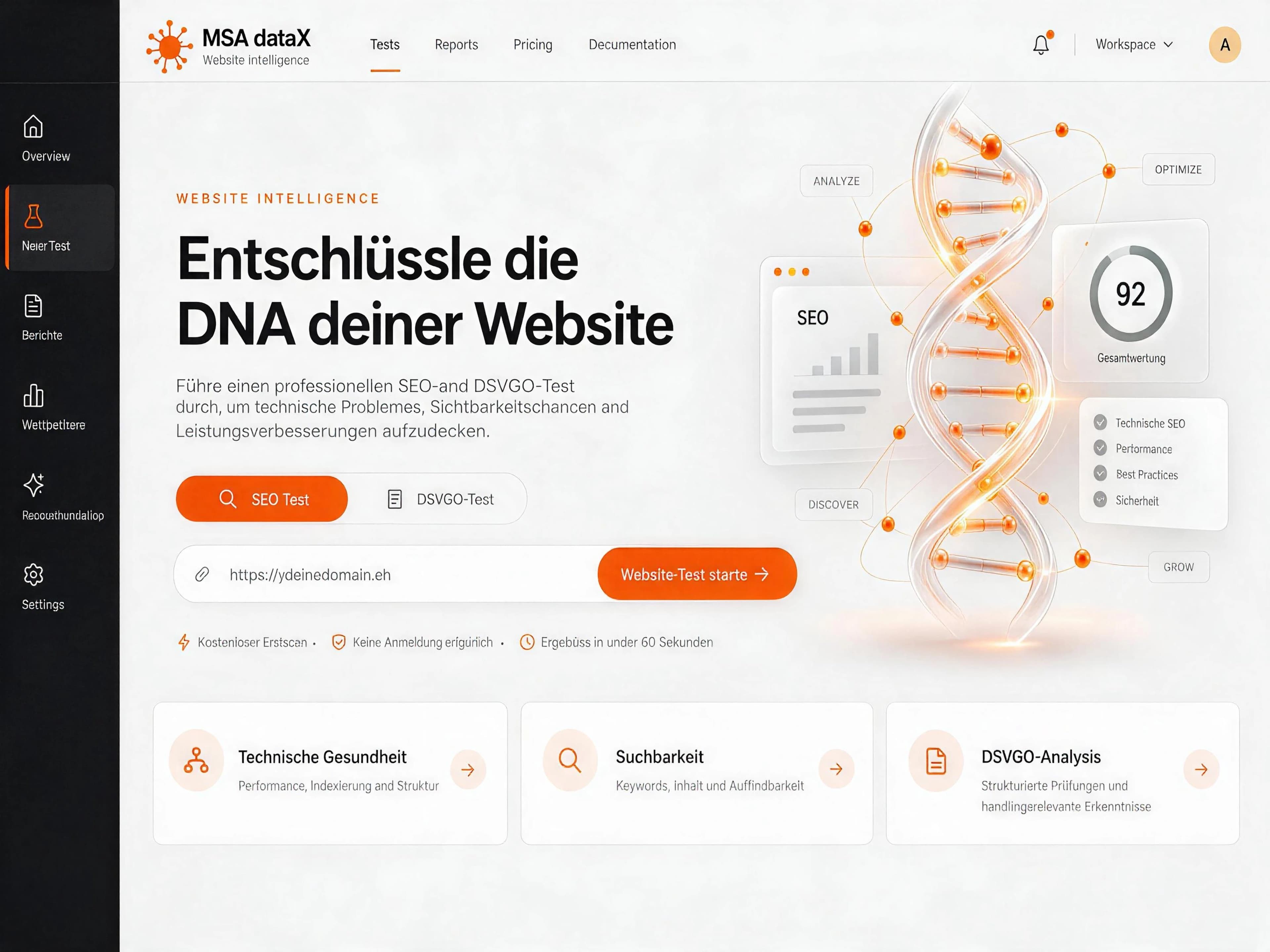 MSA dataX Website Intelligence Dashboard für SEO-, Technik- und DSVGO-Analysen